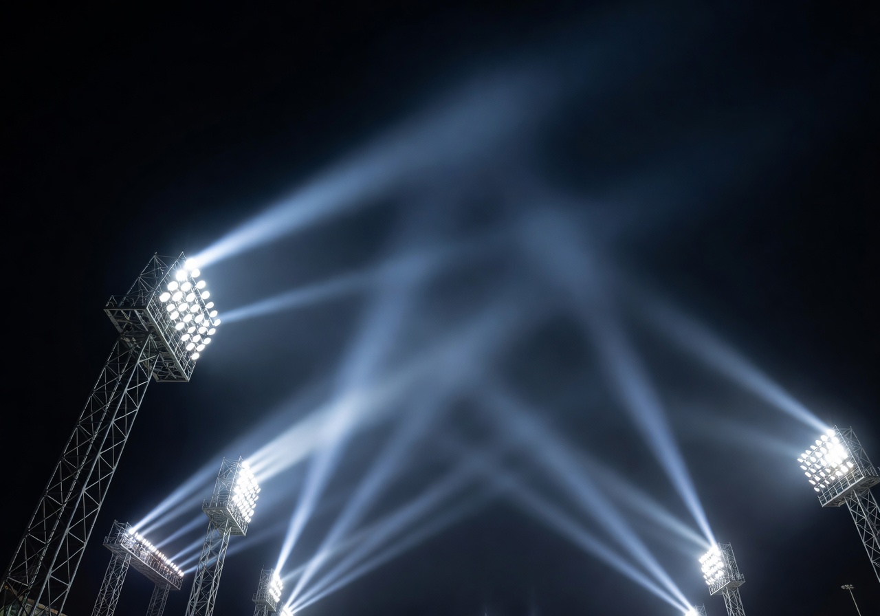Another angle of stadium floodlights piercing the night sky