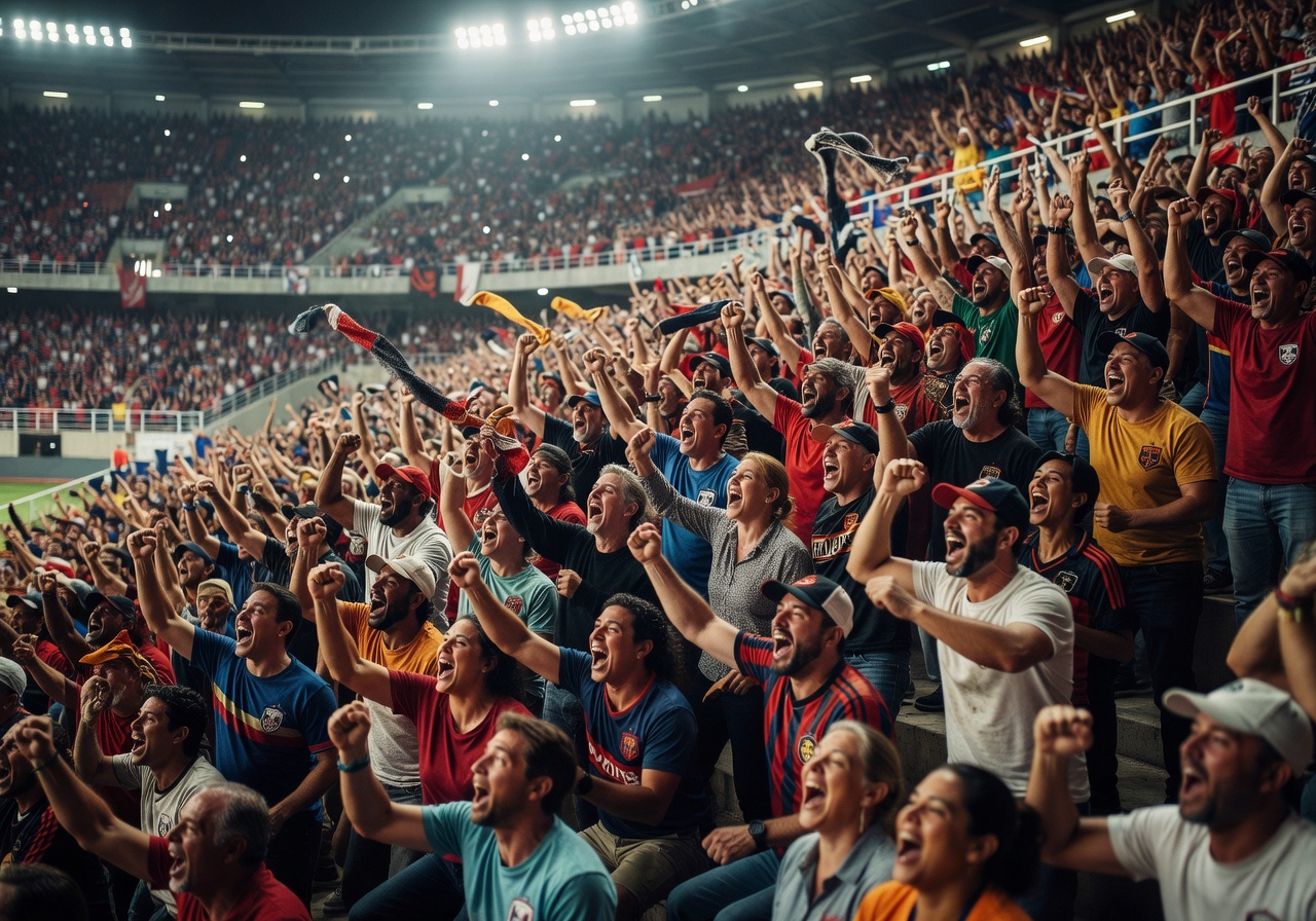 Crowd of passionate fans cheering in the stands
