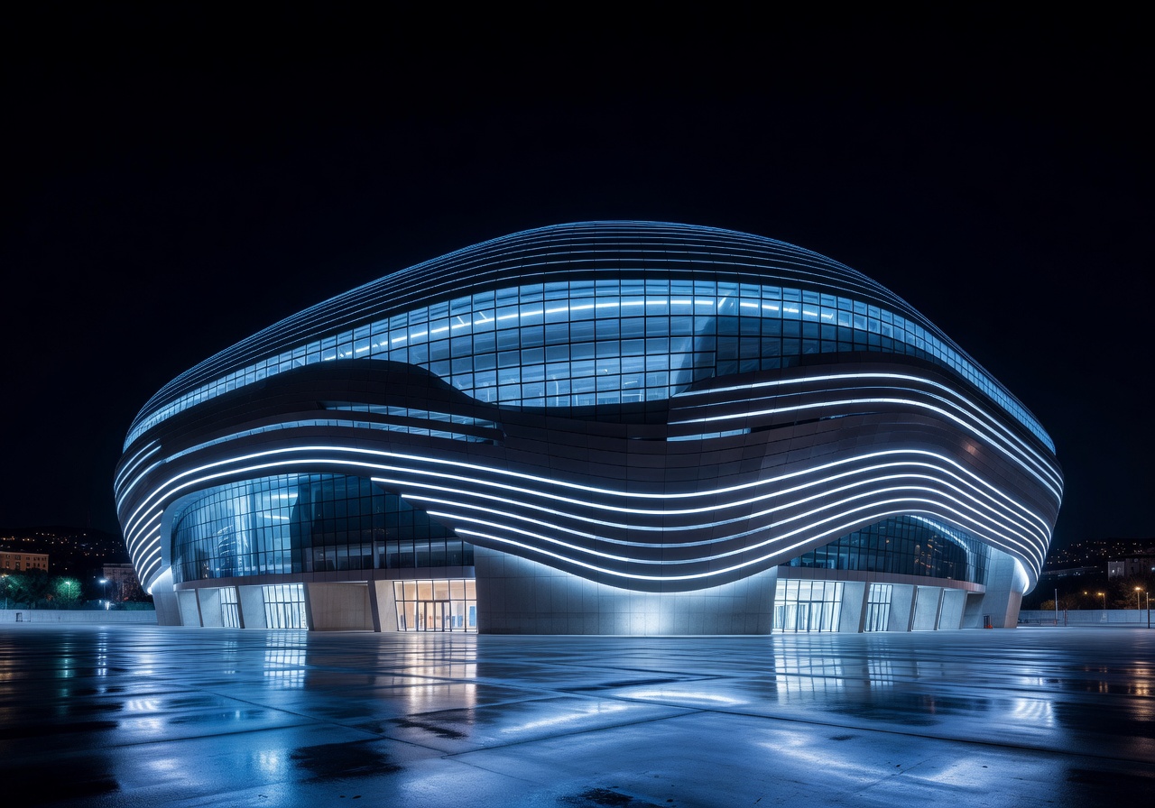 Modern exterior night view of Santiago Bernabéu Stadium in Madrid