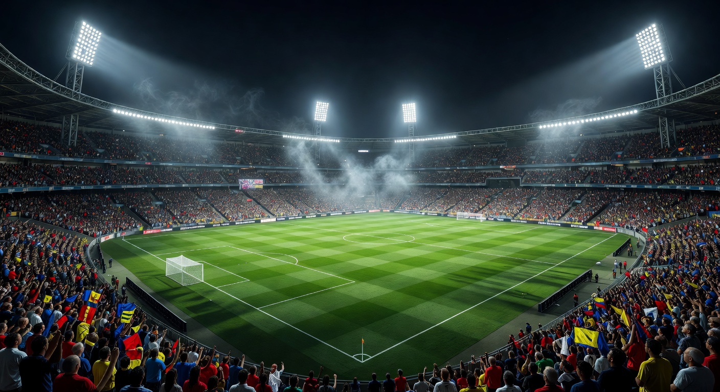 Spectacular view of a grand football stadium at night under bright floodlights
