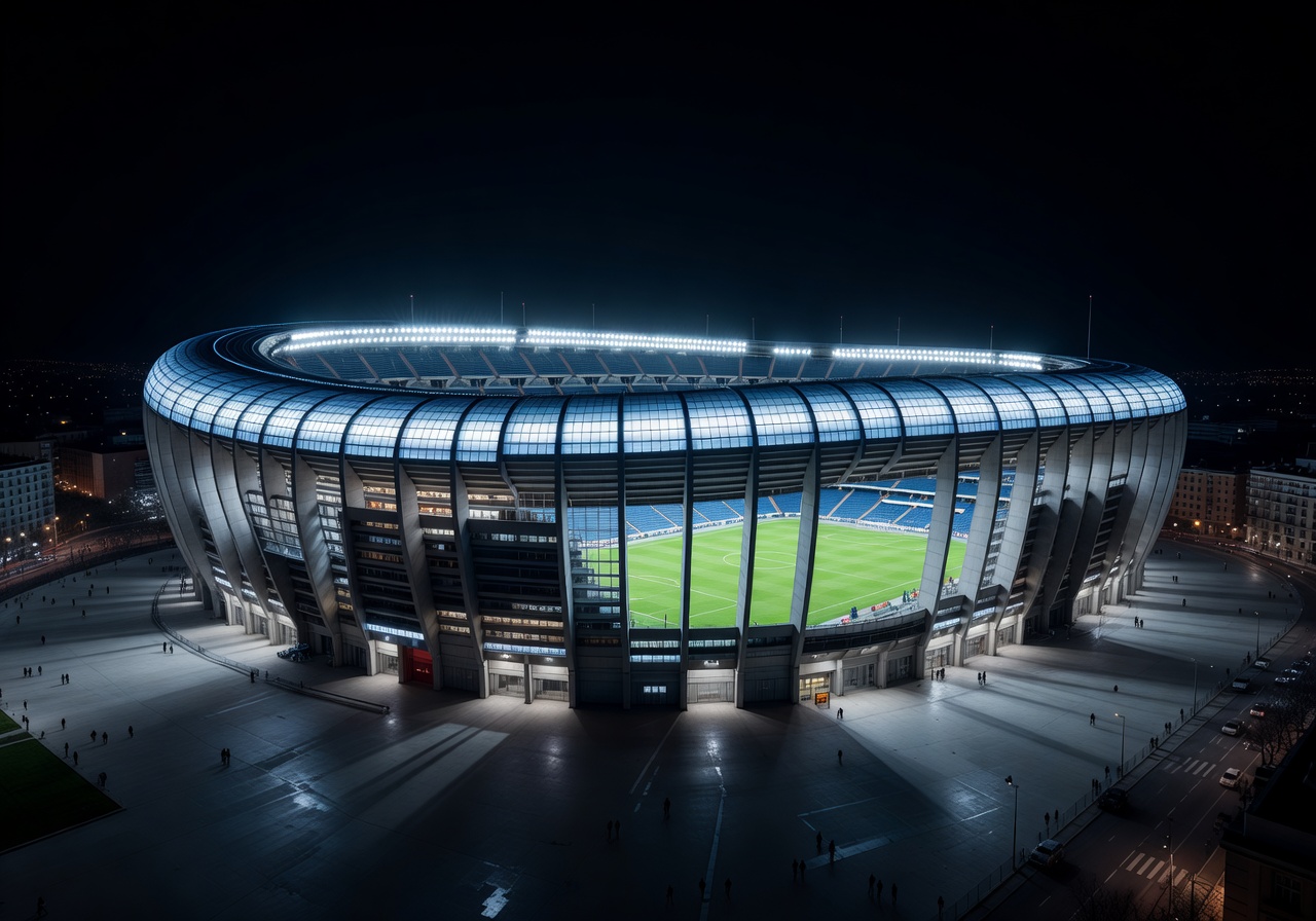 Wide view of Santiago Bernabéu Stadium lit up at night